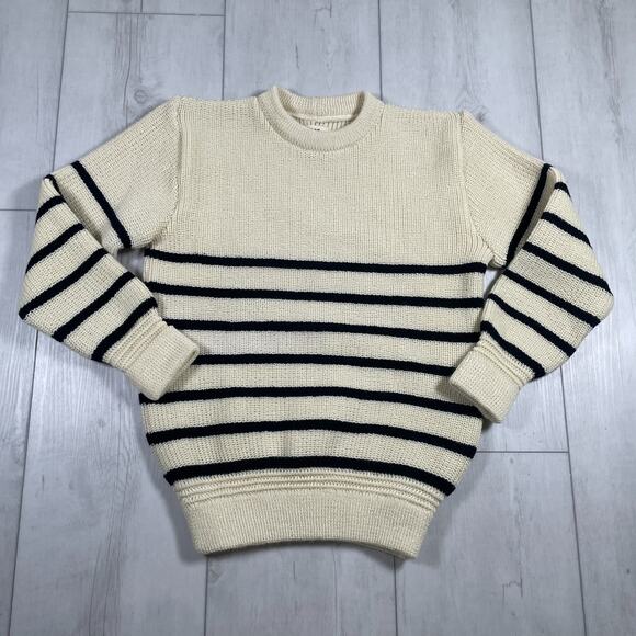 Heimat Women's Small Frau Rundhals Sweater Striped Black Cream Merino Wool - Picture 1 of 12
